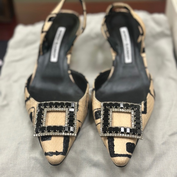 Manolo Blahnik tan and black leather and velvet jewled slingback kitten heel. - Picture 2 of 13